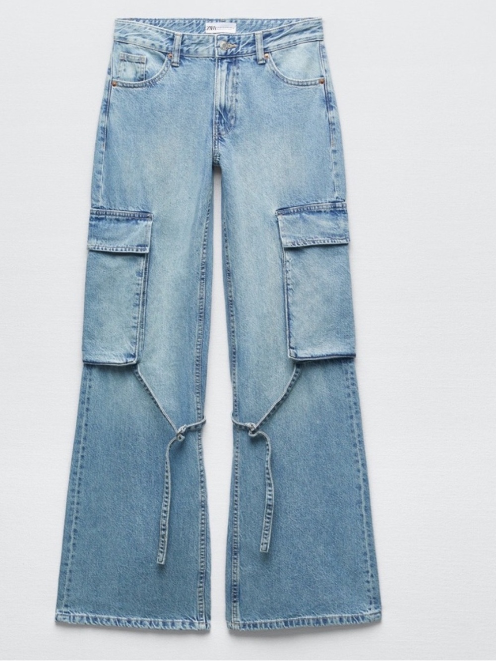 Zara Light Blue Cargo Tie-Front Wide Jeans with side pocket jeans